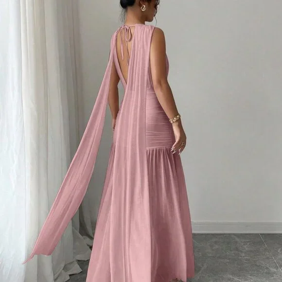 Pink Casual Women's Elegant Backless Pleated Slit Dress - Picture 2 of 6